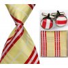 Kravata Žluto bílo červený Set kravata kapesník a manžetové knoflíčky Lines