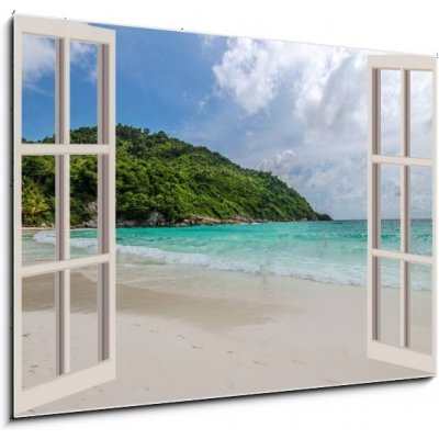 Skleněný obraz 1D - 100 x 70 cm - The open window, with sea views Otevřené okno s výhledem na moře – Zbozi.Blesk.cz
