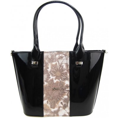 Grosso Luxusní dámská kabelka černý lak s hnědými kvítky S504