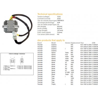 DZE regulátor napětí TRIUMPH DAYTONA 600/650 02-05; DAYTONA 955I 97-06; SPRINT 955RS/ST 99-04; SPRINT 1050 06-14; STREET TRIPLE 675 09-11; TIGER 955 01-07; TIGER 1050 06-14 (T1300560, T1300535) (ESR53 | Zboží Auto