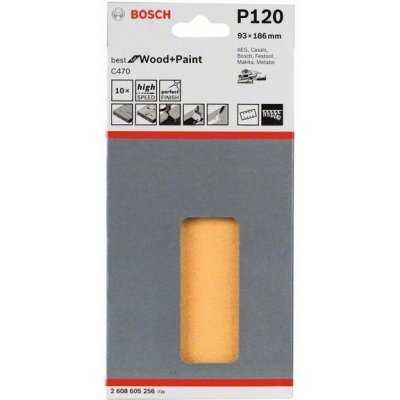 10x Brusný papír - brusivo pro vibrační brusky Bosch Best for Wood and Paint C470 93x186mm, hr. 120, 8 otvorů (2608605256) – Zboží Mobilmania