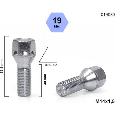 Kolový šroub M14x1,5x30 kužel, klíč 19, C19D30, výška 53,5 mm | Zboží Auto