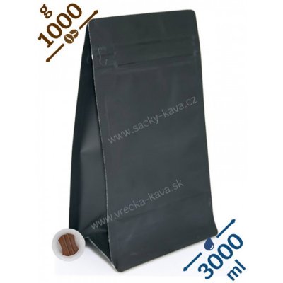 Sáčky na kávu s plochým dnem ZIPem a ventilem, 3000ml, černý papír, 155x340x90, PAP/VMPET/PE, 1kg, Flat Bottom