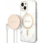 Pouzdro Guess Marble MagSafe Kompatibilní Zadní + Bezdrátová Nabíječka iPhone 14 White – Zboží Mobilmania