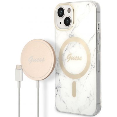 Pouzdro Guess Marble MagSafe Kompatibilní Zadní + Bezdrátová Nabíječka iPhone 14 White – Zbozi.Blesk.cz