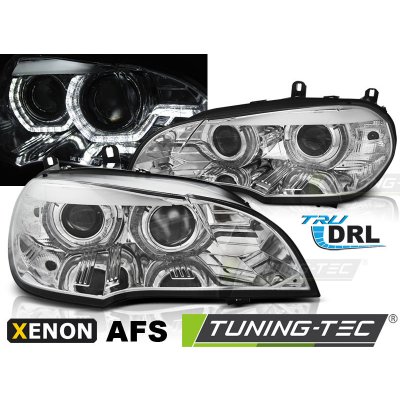 Přední světla xenon D1S 3D LED DRL angel eyes, AFS BMW X5 E70 07-10 chromová