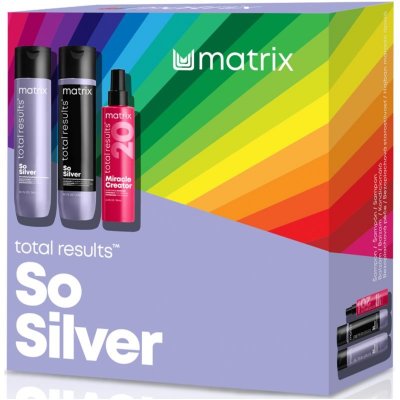 Matrix Total Results So Silver šampon neutralizující žluté tóny 300 ml + kondicionér neutralizující žluté tóny 300 ml + multifunkční péče na vlasy 190 ml dárková sada – Zboží Mobilmania