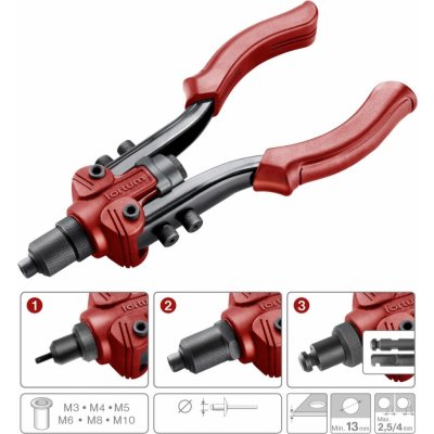 FORTUM 4770638 - kleště nýtovací pákové COMBO, pro nýt. matice M3-M10 a trhací nýty 2,4-6,