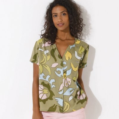 Halenka s krátkými rukávy s maxi potiskem khaki/růžová – Zboží Dáma