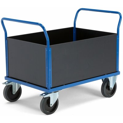Plošinový vozík TRANSFER, 4 dřevěné stěny, 1000x700 mm, 1000 kg, elastická gumová kola, s brzdami