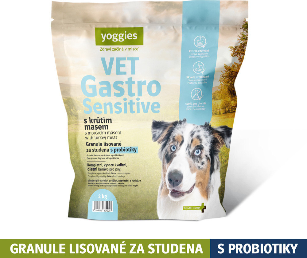 Yoggies VET Gastro Sensitive s krůtím masem granule lisované za studena s probiotiky 2 kg