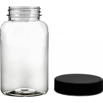 Pilulka Plastová lahvička, lékovka čirá s černý uzávěrem 250 ml