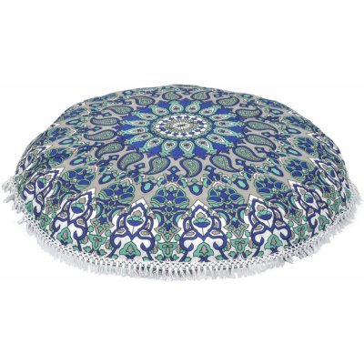 Sanu Babu Meditační polštář kulatý šedo modrý mandala třásně 80x13 – Zboží Mobilmania