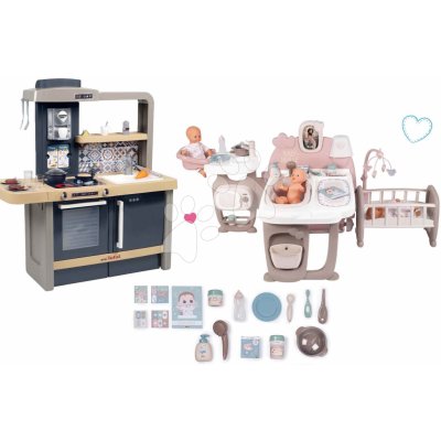 Smoby Set kuchyňka elektronická s nastavitelnou výškou Tefal Evolutive New Kitchen a domeček pro panenku trojkřídlý s noční lampičkou – Hledejceny.cz