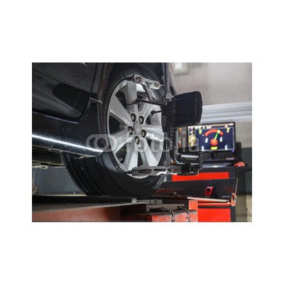 WEBLUX 74461674 Fototapeta plátno Car on stand with sensors on wheels for wheels alignment camber Automobil na stojanu se senzory na kolečkách pro vychycení koleček rozměry 160 x 116 cm – Zboží Mobilmania