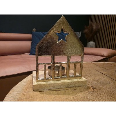 Svícen hliník 130x80x190/150x80x160mm na čajovou svíčku domek, zlatá, přírodní Velikost: s jedním oknem – Zboží Dáma