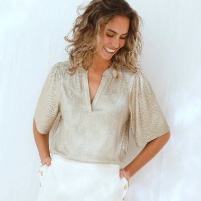 Třpytivá halenka se širokými rukávy k loktům zlatá – Zboží Dáma