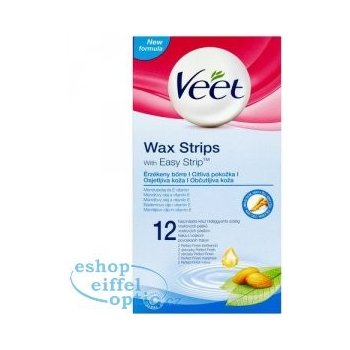 Veet Wax Strips voskové depilační pásky pro citlivou pokožku Almond Oil & Vitamin E 12 ks