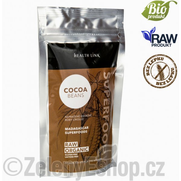 Sušený plod Health link nepražené kakaové boby criollo Raw Bio 250 g