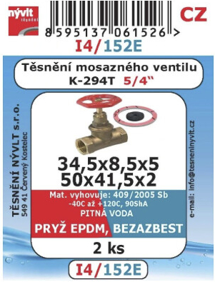 Czech Republic product data sample: Nývlt Sada těsnění k mosazným ventilům K-294T 5/4" I4/152E