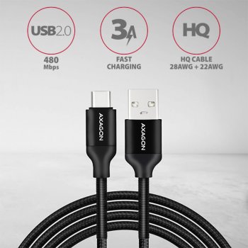 Axagon BUCM-AM10SB, USB-C USB-A, 3A, opletený, 1m, černý