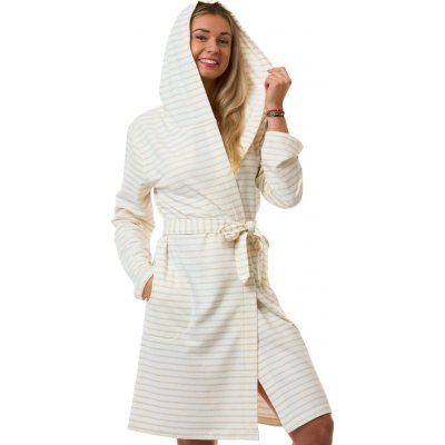Dámský smetanový župan s kapucí béžové pruhy termo bavlna 1TB0112 béžová – Sleviste.cz