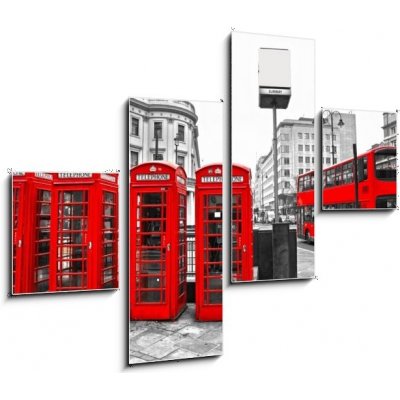 Obraz čtyřdílný 4D - 120 x 90 cm - Red telephone boxes and double-decker bus, london, UK. Červené telefonní schránky a dvojité