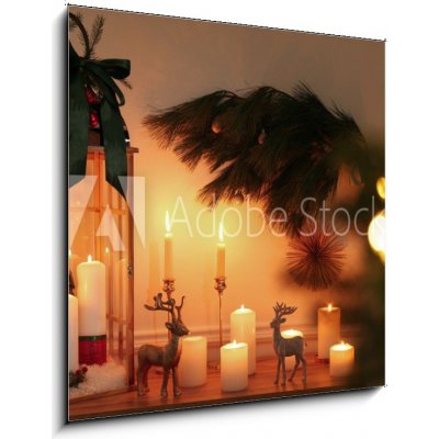 Obraz 1D - 50 x 50 cm - Wooden decorative Christmas lantern and burning candles on table indoors Dřevěná dekorativní vánoční lampa a hořící svíčky na stole v interiéru