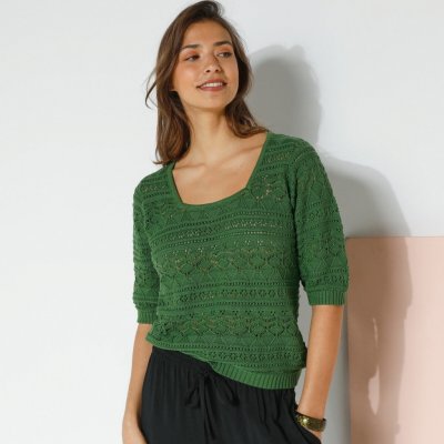 Blancheporte Ažurový jednobarevný pulovr s rukávy k loktům zelená – Zboží Mobilmania