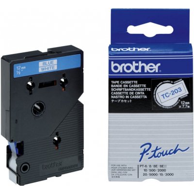 Brother TC-203 modrý tisk / bílý podklad originální páska 12 mm x 7,7 m – Zboží Mobilmania