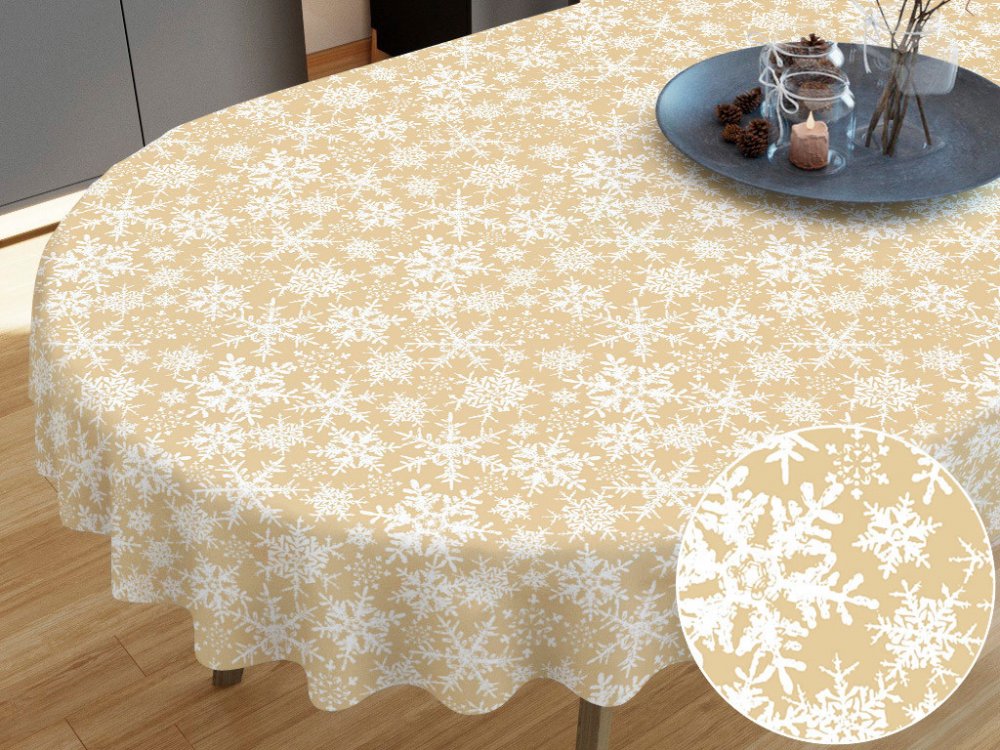 Goldea vánoční bavlna ubrus vzor sněhové vločky na zlatém oválný 140x210 cm  | Srovnanicen.cz