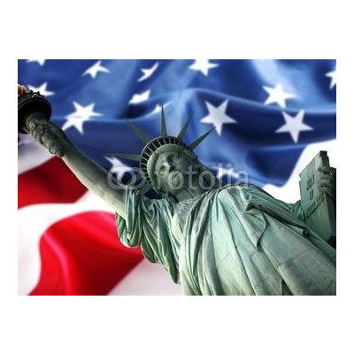 WEBLUX 12542738 Fototapeta vliesová NY Statue of Liberty against a flag of USA NY Socha svobody proti vlajce USA rozměry 270 x 200 cm – Zboží Mobilmania