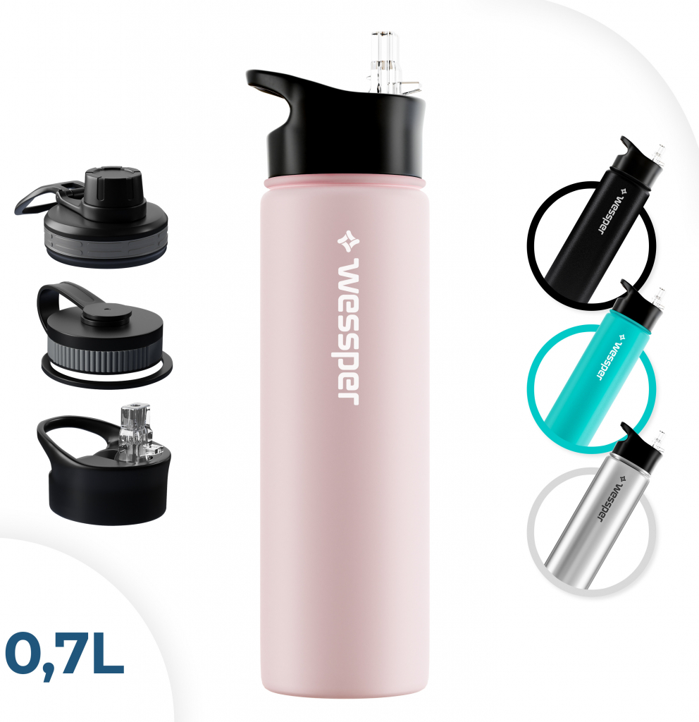 Wessper Láhev na pití z nerezové oceli nepropustná termoska Bpa Free se 3 víčky Růžová 700 ml