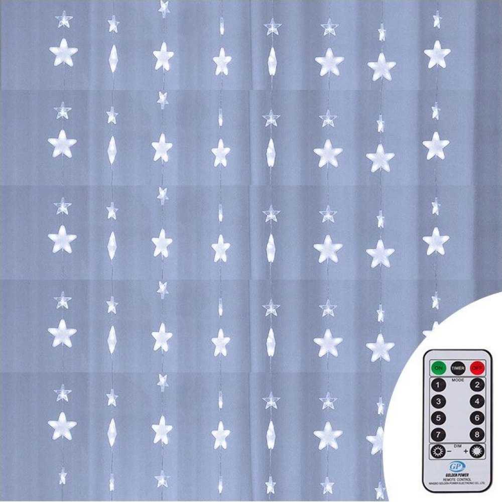 SPRINGOS LED světelný závěs Hvězdy - 2x1,1m, 136LED, 8-funkcí, ovladač,  IP44, studená bílá | Srovnanicen.cz