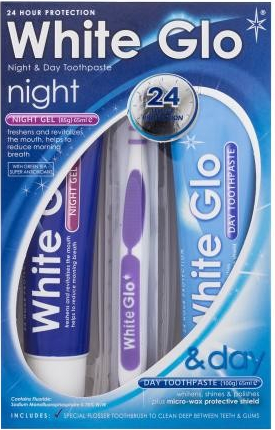 White Glo Night & Day unisex Day 100 g + noční gel Night Gel 85 g + zubní kartáček 1 ks