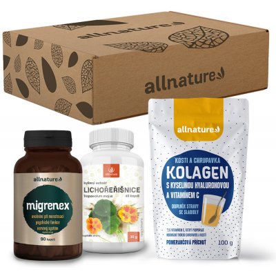 ALLNATURE Vitamínový balíček pro ženy Kolagen s kyselinou hyaluronovou a vitamínem C příchuť pomeranč 100 g + Lichořeřišnice bylinný extrakt 60 kapslí + Migrenex 90 kapslí