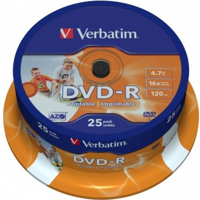 Verbatim DVD-R 4,7GB 16x, printable, cakebox, 25ks (43538) – Zboží Mobilmania