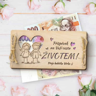 Dřevia Dárková obálka na peníze - Srdce - Příspěvek na Vaši cestu životem! s věnováním – Zboží Dáma