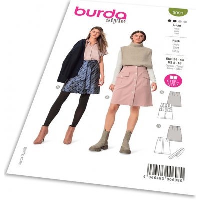 Střih Burda 5991 - Propínací sukně s vysokým pasem, áčková sukně, džínová sukně – Zboží Mobilmania