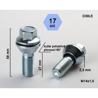 Kolový šroub M14x1,5x27 plovoucí kužel, klíč 17, D39LE ; výška 58