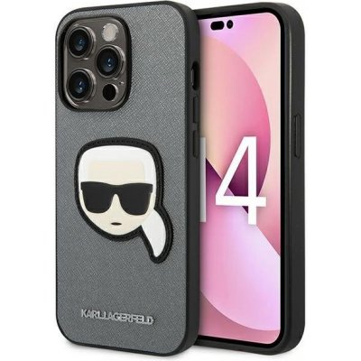 Pouzdro Karl Lagerfeld Phone 14 PRO MAX Saffiano Karl`s Head Patch stříbrné