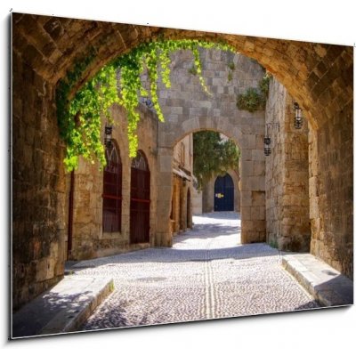 Obraz 1D - 100 x 70 cm - Medieval arched street in the old town of Rhodes, Greece Středověká oblouková ulice ve starém městě Rhodos v Řecku – Zboží Mobilmania