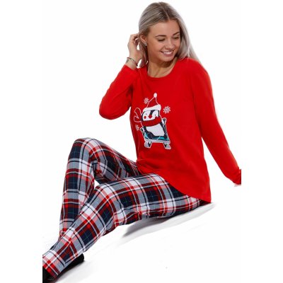 Červené i modré kárované pyžamo pro ženy či dívky PADÁ SNÍH A TUČŤÁK JEDE NA SANÍCH 1B1880