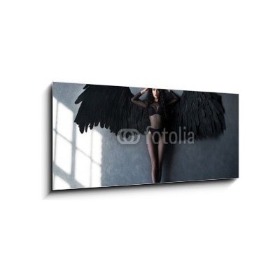 Skleněný obraz 1D panorama - 120 x 50 cm - Fallen black angel with wings. Sexual woman Padlý černý anděl s křídly. Sexuální žena
