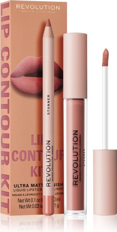 Makeup Revolution Lip Contour Kit Stunner dlouhotrvající matná tekutá rtěnka 3 ml + Stunner tužka na rty 1 g dárková sada