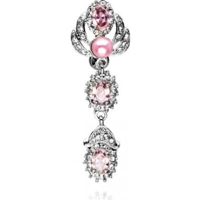 Šperky eshop visací piercing do břicha ovály s růžovými zirkony ramena s malými čirými zirkony růžová perlička SP14.20 – Zboží Mobilmania