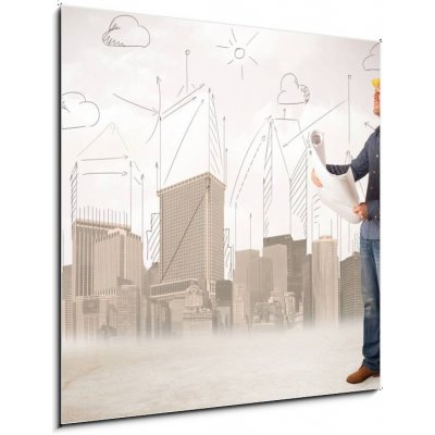 Obraz 1D - 50 x 50 cm - Business engineer planing at construction site with city backgro Obchodní inženýr hoblování na staveništi s městským backgro – Zboží Mobilmania