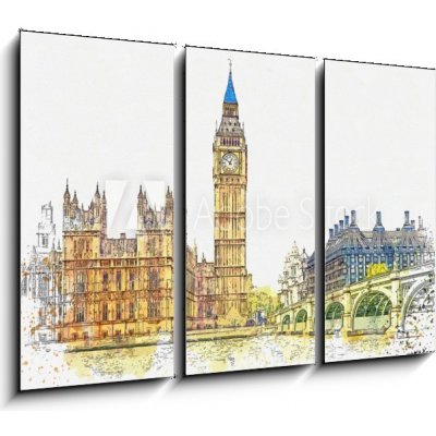 Obraz 3D třídílný - 105 x 70 cm - Watercolor sketch or illustration of a beautiful view of the Big Ben and the Houses of Parliament in London in the UK Akvarel skica neb – Zboží Mobilmania