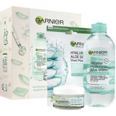 Garnier Skin Naturals Hyaluronic denní krém Aloe Gel 50 ml + micelární voda Hyaluronic Aloe 400 ml + textilní maska 32 g dárková sada – Zbozi.Blesk.cz