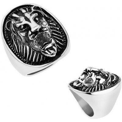 Šperky eshop Masivní ocelový prsten stříbrné vypouklá hlava lva s patinou T22.17
